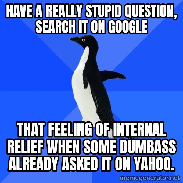 Socially Awkward Penguin meme: HAVE A really stupid question, search it on google / that FEELING of internal relief when some dumbass already asked it on yahoo.