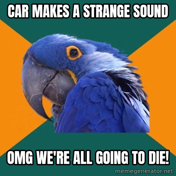 Paranoid Parrot meme: car makes a strange sound / OMG We'RE ALL GOING TO DIE!
