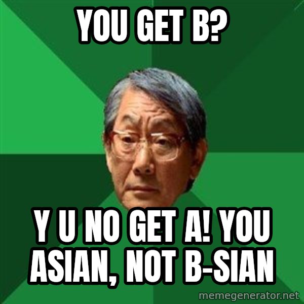 High Expectations Asian Father meme: You get B? / Y u no get a! You asian, not b-sian