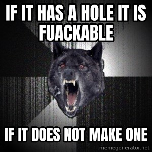 Insanity Wolf meme: If it has a hole it is fuackable / if it does not MAKE ONE