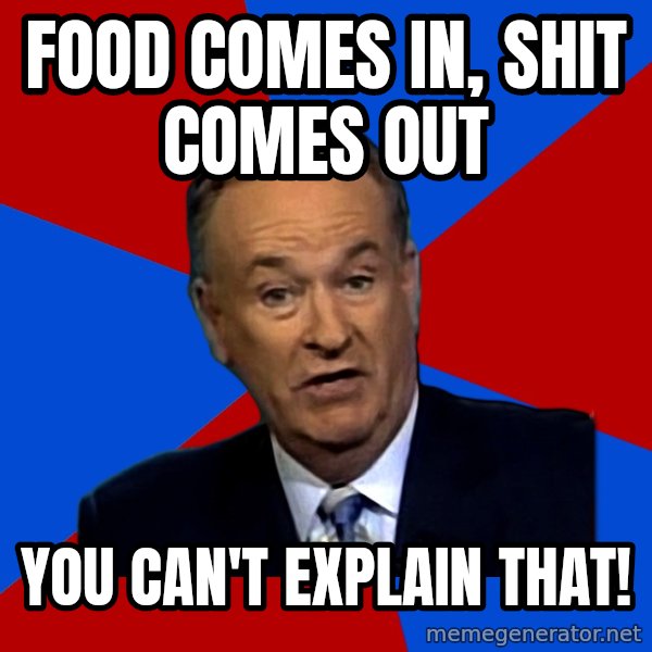 Bill O'Reilly Proves God meme: Food comes in, shit comes out / you can't explain that!