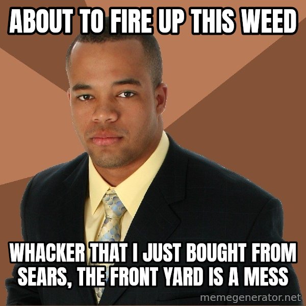 Successful Black Man meme: about to fire up this weed / whacker that i just bought from sears, the front yard is a mess