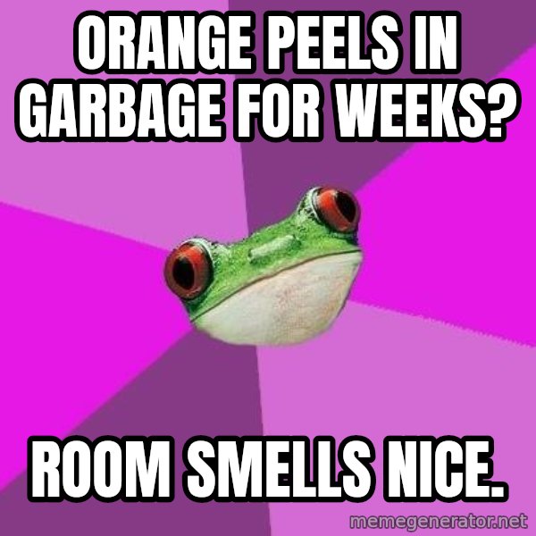 Foul Bachelorette Frog meme: orange peels in garbage for weeks? / room smells nice.