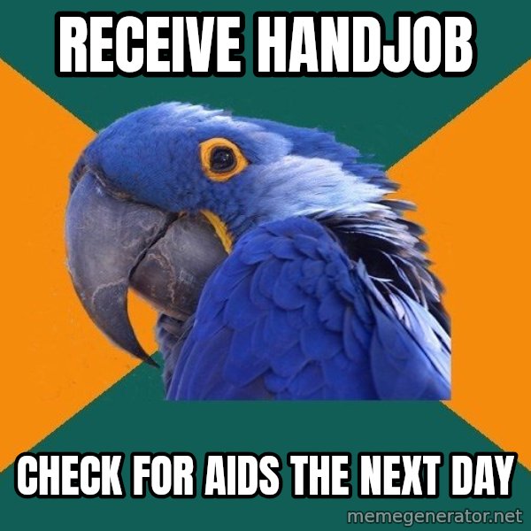 Paranoid Parrot meme: Receive handjob / CHECK FOR AIDS THE NEXT DAY