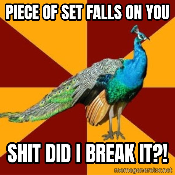 Thespian Peacock meme: Piece of set falls on you / shit did i break it?!