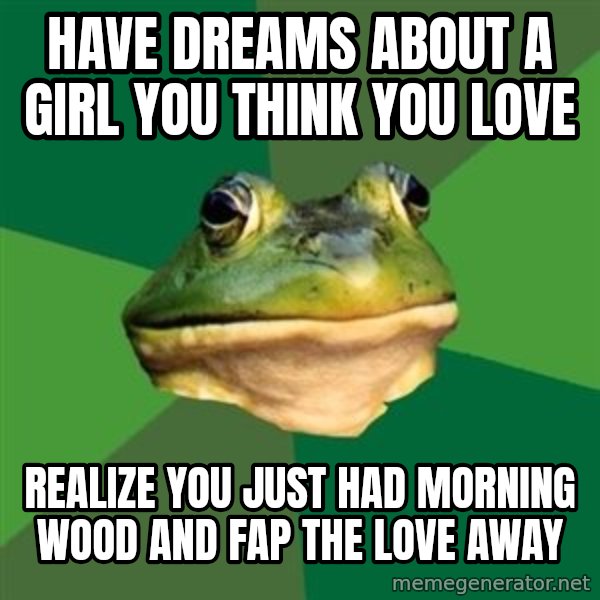 Foul Bachelor Frog meme: have dreams about a girl you think you love / realize you just had morning wood and fap the love away