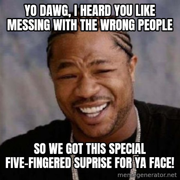 xzibit-yo-dawg meme: Yo Dawg, i heard you like messing with the wrong people / so we got this special five-fingered suprise for ya face!