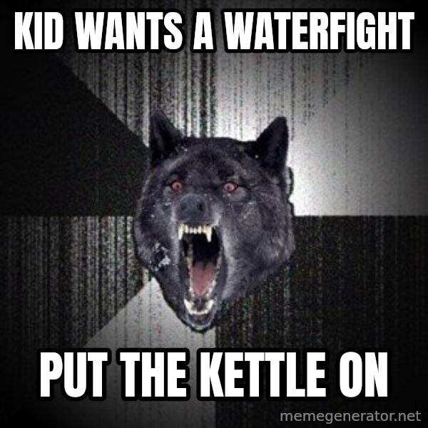 Insanity Wolf meme: KID WANTS A WATERFIGHT / PUT THE KETTLE ON