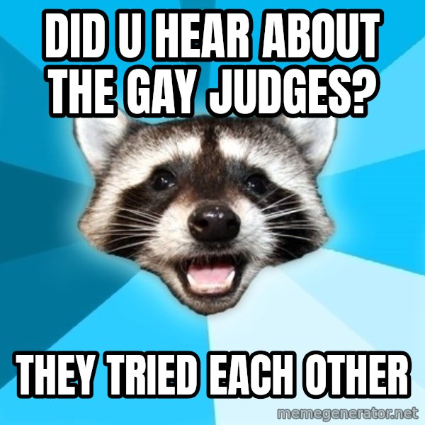 Lame Pun Coon meme: Did u hear about the gay judges? / they tried each other
