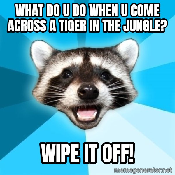Lame Pun Coon meme: what do u do when u come across a tiger in the jungle? / wipe it off!