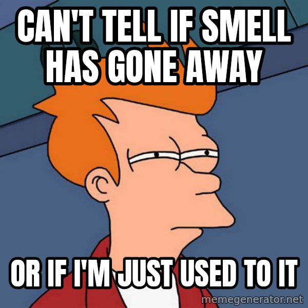 Futurama Fry meme: can't Tell if smell has gone away / or if I'm just used to it