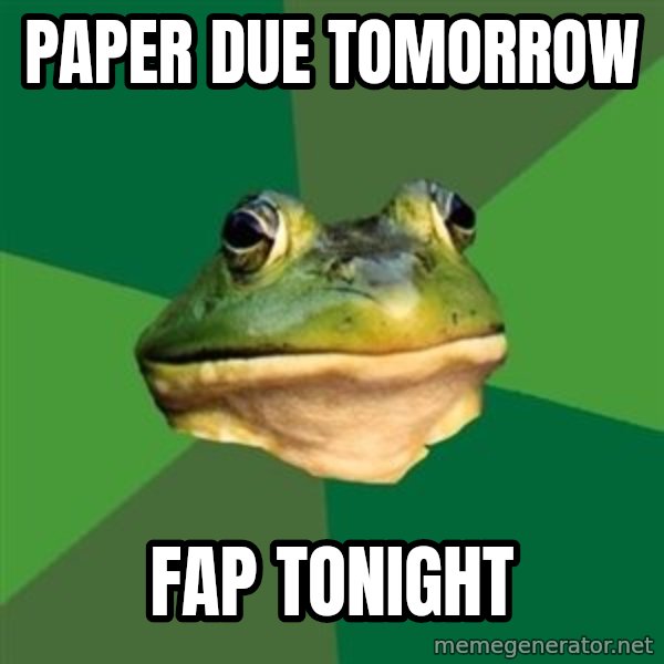 Foul Bachelor Frog meme: Paper due tomorRow / fap tonight