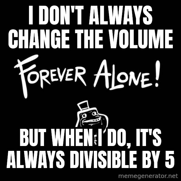 The Most Interesting Man In The World meme: I DON'T ALWAYS CHANGE THE VOLUME / BUT WHEN I DO, IT'S ALWAYS DIVISIBLE BY 5