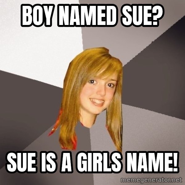 Musically Oblivious 8th Grader meme: Boy named sue? / Sue is a girls name!
