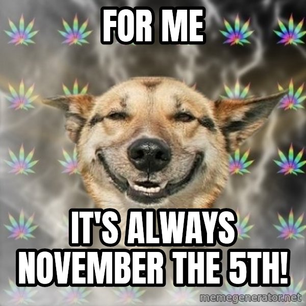 Stoner Dog meme: for me / it's always november the 5th!