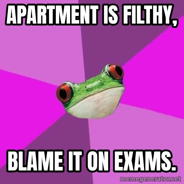 Foul Bachelorette Frog meme: Apartment is filthy, / Blame it on exams.