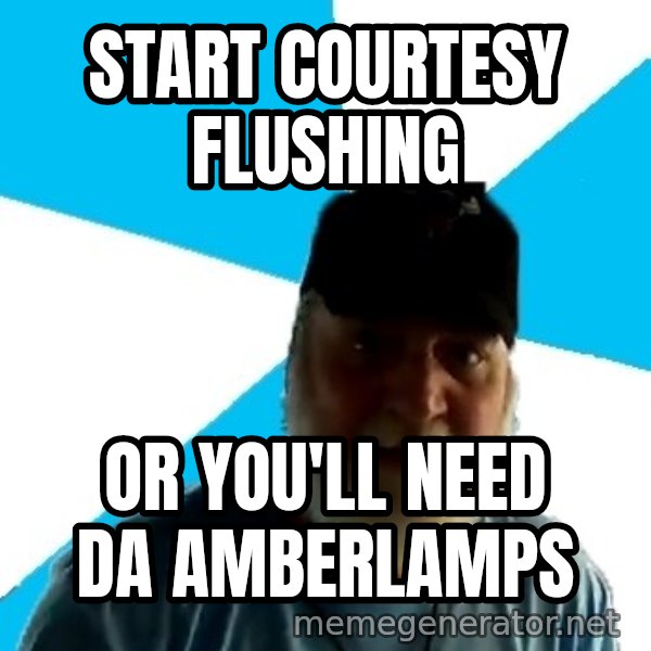 Epic Beard Man meme: start courtesy flushing / or you'll need da amberlamps