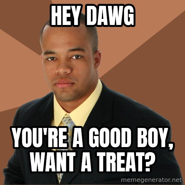 Successful Black Man meme: hey dawg / you're a good boy, want a treat?