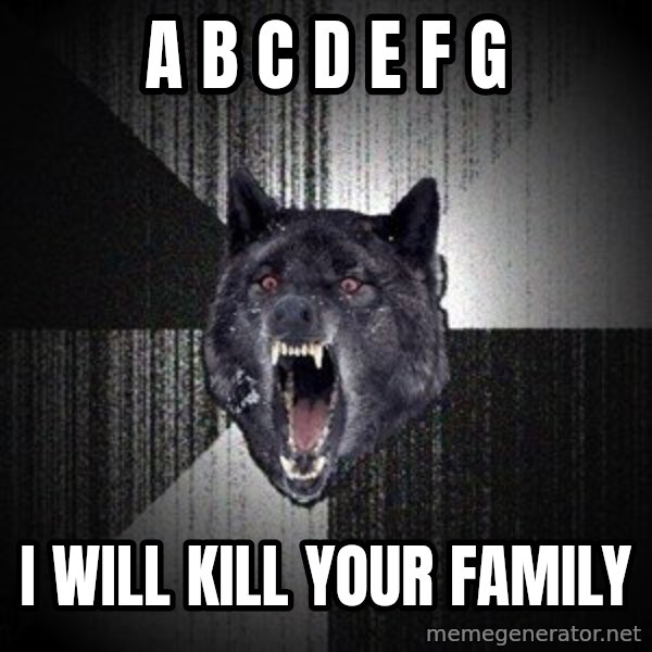Insanity Wolf meme: A B C D E F G / I will kill your family