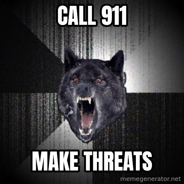 Insanity Wolf meme: cALL 911 / MAKE THREATS