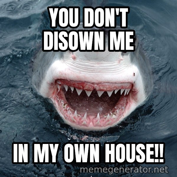 Insanity Shark meme: YOU DON'T DISOWN ME / IN MY OWN HOUSE!!
