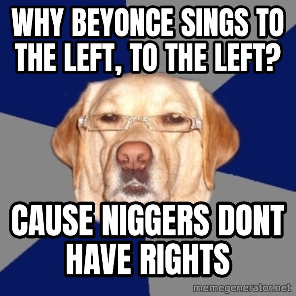 Racist Dog meme: Why beyonce sings to the left, to the left? / Cause niggers dont have rights