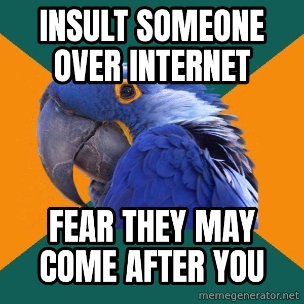 Paranoid Parrot meme: INSULT SOMEONE over internet / fear they may come after you
