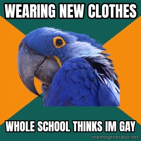 Paranoid Parrot meme: wearing new clothes / whole school thinks im gay