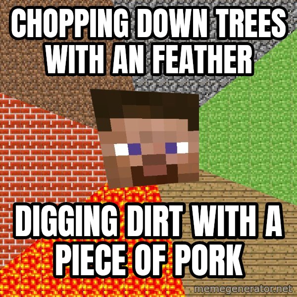 Minecraft Guy meme: chopping down trees with an feather / digging dirt with a piece of pork