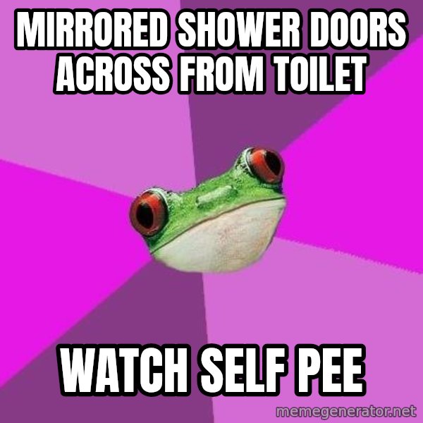 Foul Bachelorette Frog meme: mirrored shower doors across from toilet / watch self pee