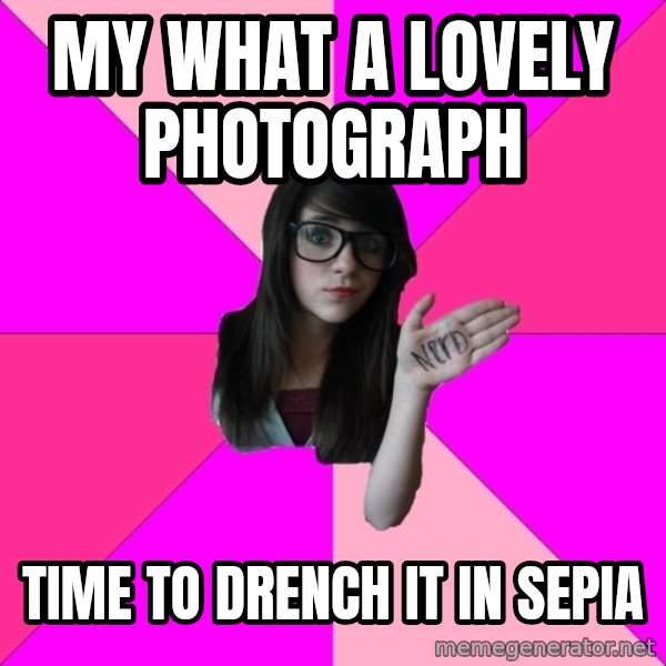 Idiot Nerd Girl meme: my what a lovely photograph / time to drench it in sepia