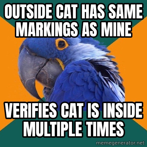 Paranoid Parrot meme: outside cat has same markings as mine / verifies cat is inside multiple times