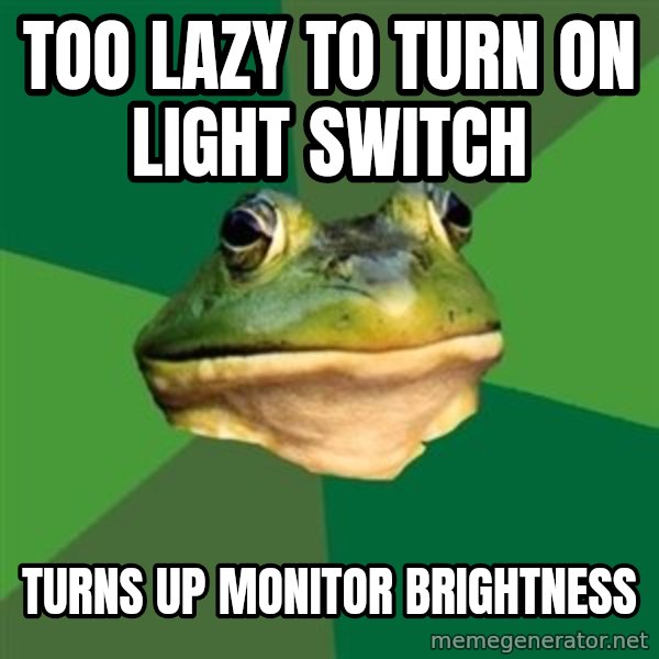 Foul Bachelor Frog meme: too lazy to turn on light switch / turns up monitor brightness
