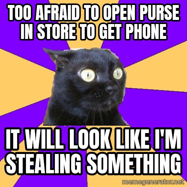 Anxiety Cat meme: too afraid to open purse in store to get phone / it will look like i'm stealing something