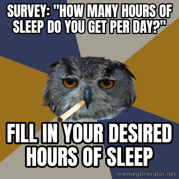 Art Student Owl meme: survey: "how many hours of sleep do you get per day?" / fill in your desired hours of sleep