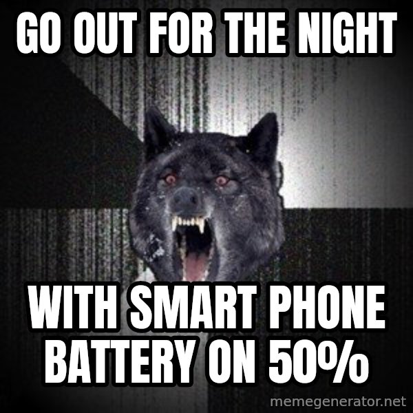 Insanity Wolf meme: Go out for the night / with smart phone battery on 50%