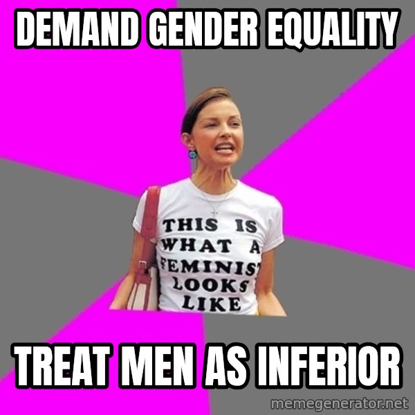 Feminist Cunt meme: Demand gender equality / Treat men as inferior