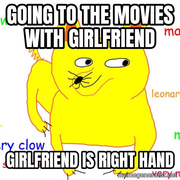 Forever Alone meme: Going to the movies with girlfriend / Girlfriend is right hand