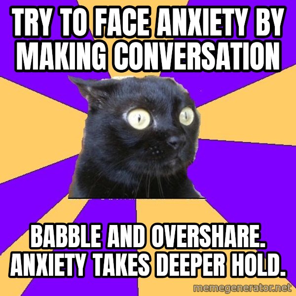 Anxiety Cat meme: try to face anxiety by making conversation / babble and overshare. anxiety takes deeper hold.