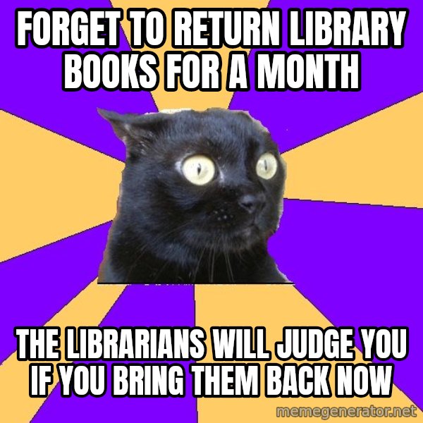 Anxiety Cat meme: FORGET TO RETURN LIBRARY BOOKS FOR A MONTH / THE LIBRARIANS WILL JUDGE YOU IF YOU BRING THEM BACK NOW