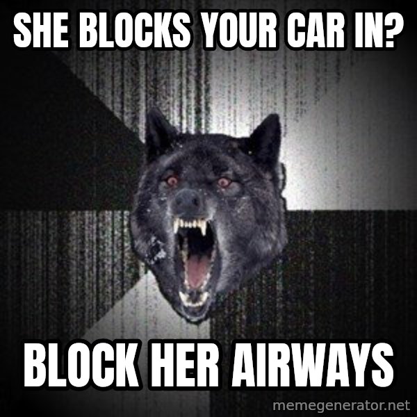 Insanity Wolf meme: She blocks your car in? / Block her airways