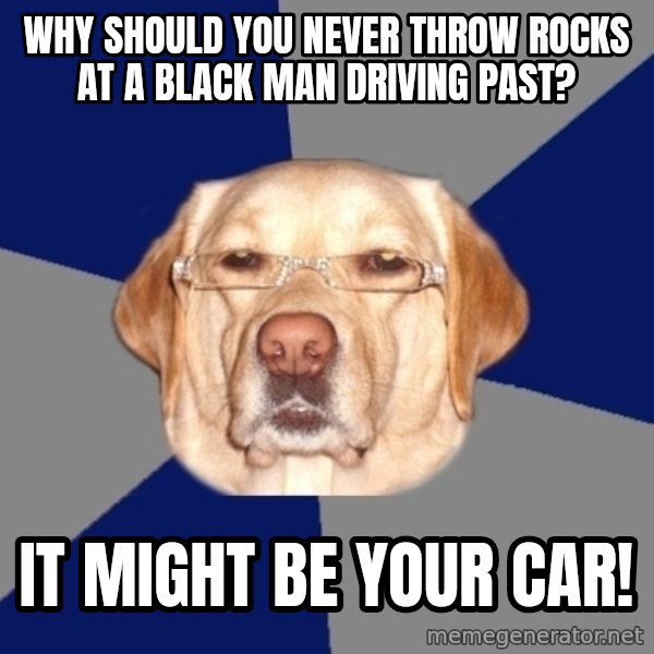 Racist Dawg meme: why should you never throw rocks at a black man driving past? / it might be your car!
