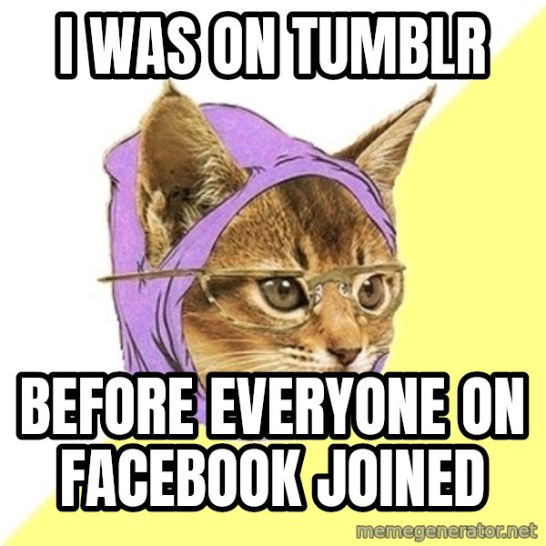Hipster Kitty meme: I was on tumblr / before everyone on facebook joined