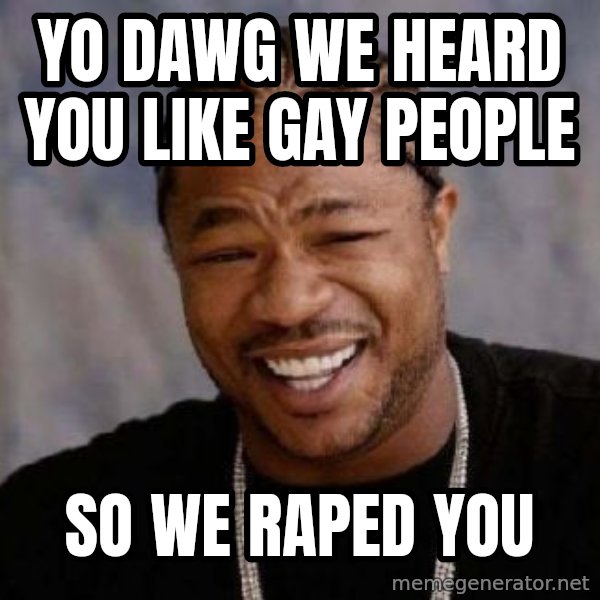 xzibit-yo-dawg meme: YO DAWG WE HEARD YOU LIKE GAY PEOPLE / SO WE RAPED YOU
