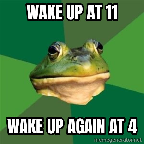 Foul Bachelor Frog meme: wake up at 11 / wake up again at 4