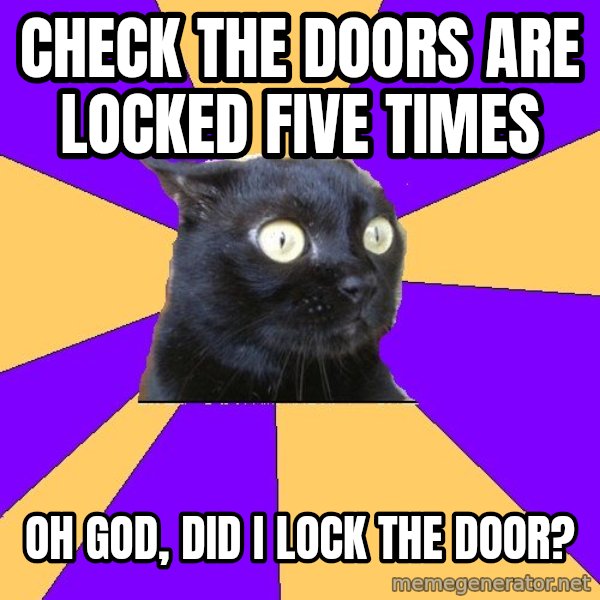 Anxiety Cat meme: Check the doors are locked five times / oh god, did I lock the door?