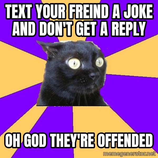 Anxiety Cat meme: tEXT YOUR FREIND A JOKE AND DON'T GET A REPLY / oH GOD THEY'RE OFFENDED