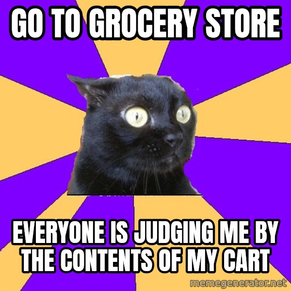 Anxiety Cat meme: Go to grocery store / everyone is judging me by the contents of my cart