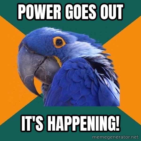 Paranoid Parrot meme: Power goes out / it's happening!