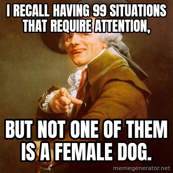 Joseph Ducreux meme: I recall having 99 situations that require attention, / but not one of them is a female dog.
